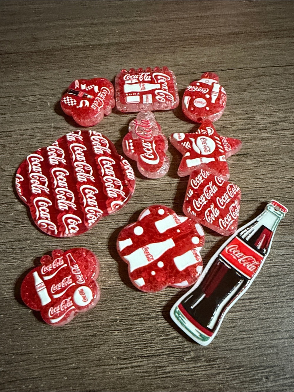 20 piece Coke Red and White Logo beads Assorted Shapes